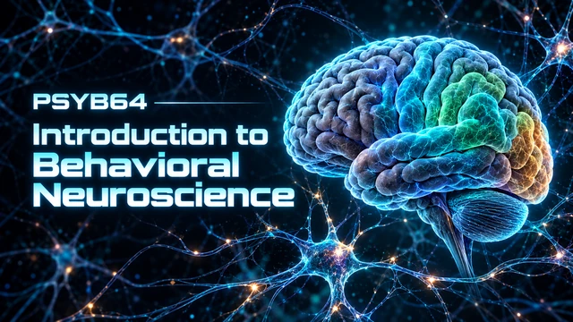 PSYB64 Introduction to Behavioral Neuroscience: cyan lettering beside a lateral-view brain and neural imagery