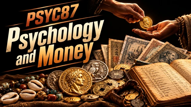 Psychology and Money: prominent historical coins, banknotes, shells and an accounting ledger, with hands exchanging a coin
